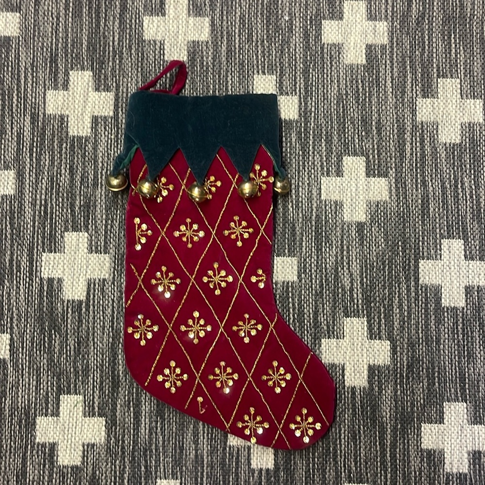 Christmas Stocking Velour With Bells - Picture 1 of 1
